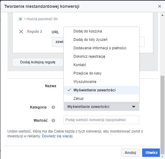 kategorie niestandardowej konwersji fb