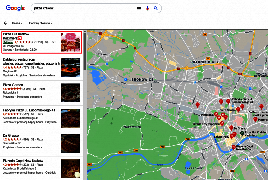 wyświetlanie reklam w mapach google